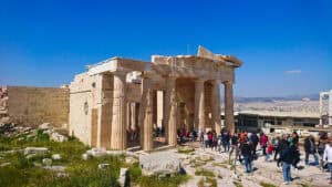 The colonnaded propylaea, monumental entrance to the acropolis of Athens.